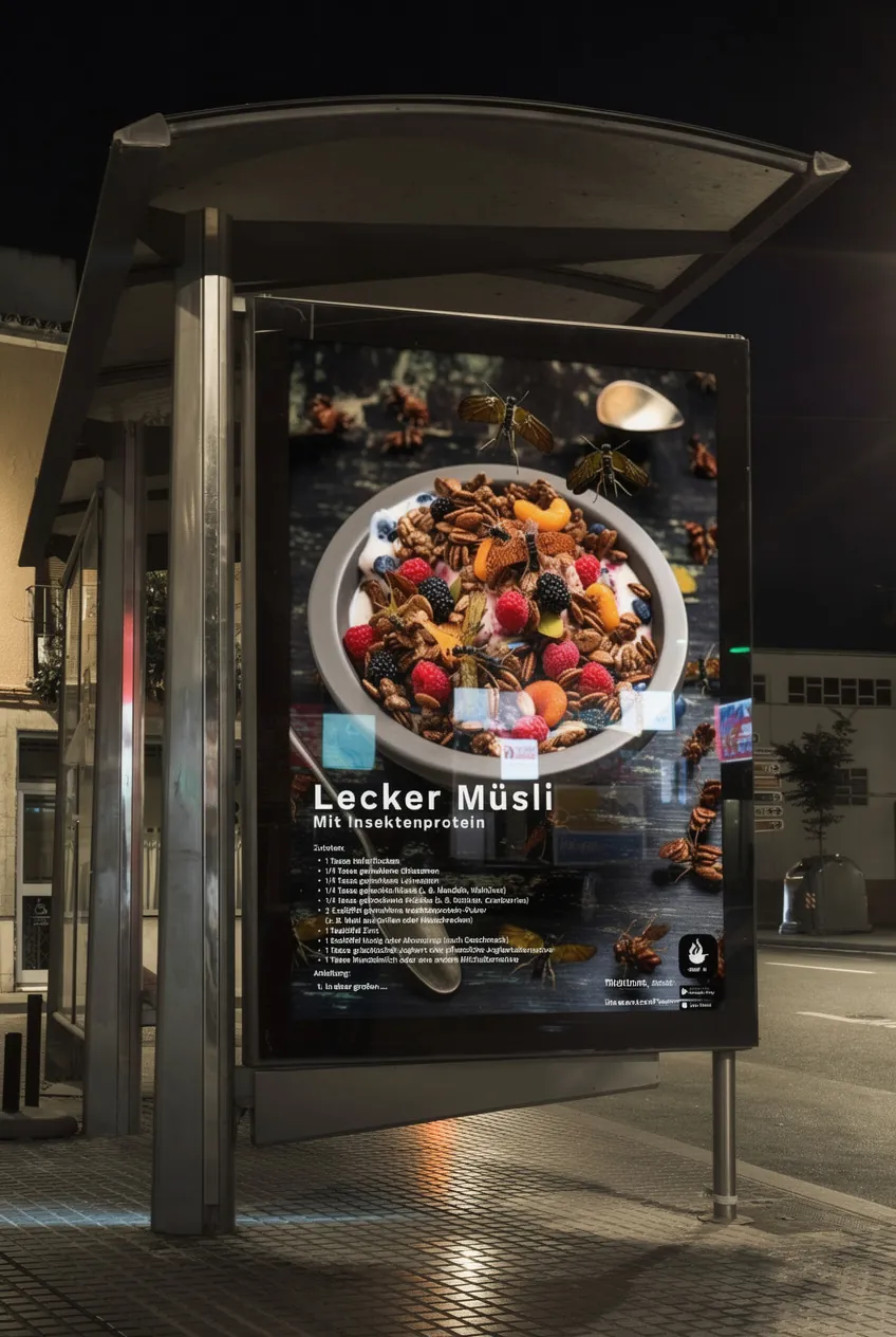 Poster at a bus stop at night