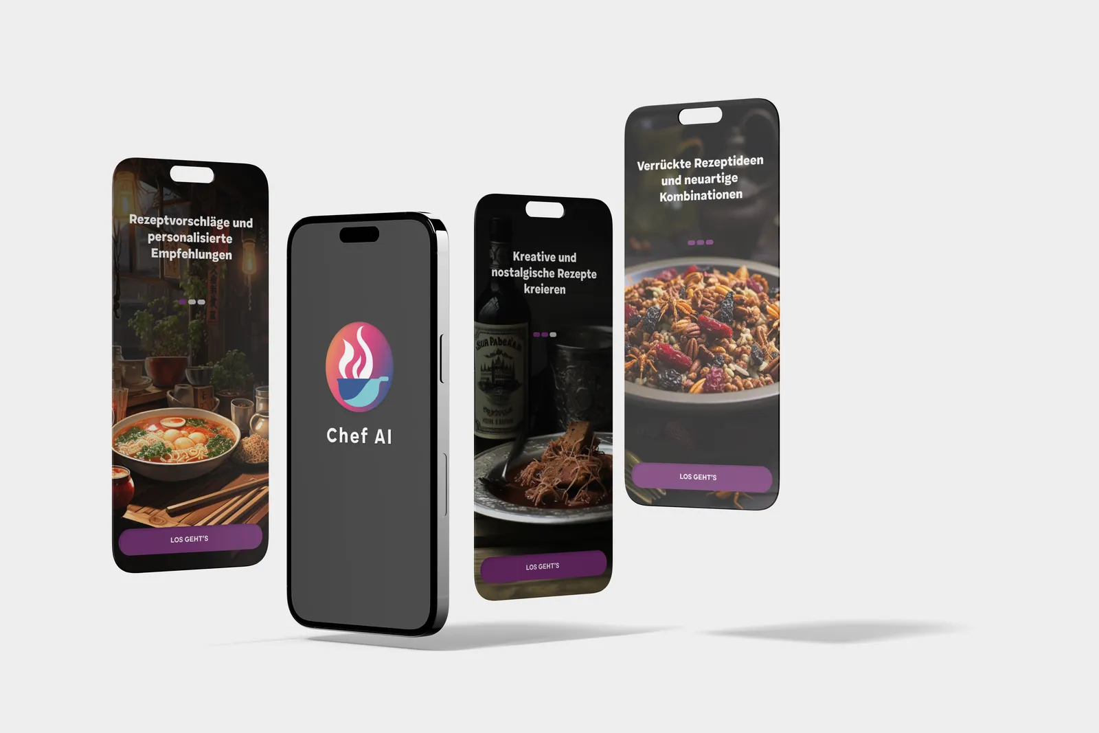 Three smartphones showing screens of the Chef AI app