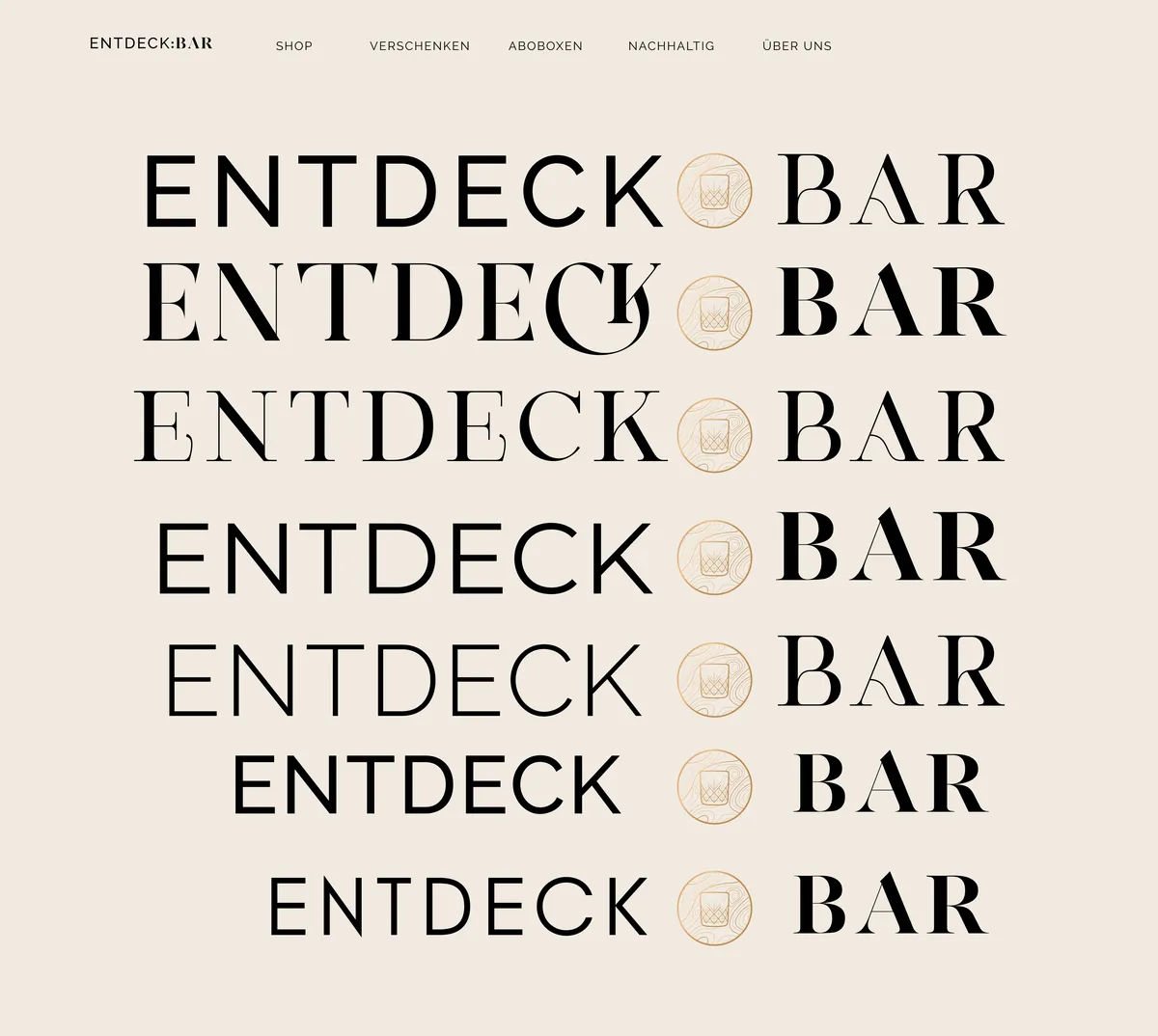 Seven type variants of the Entdeck:bar wordmark