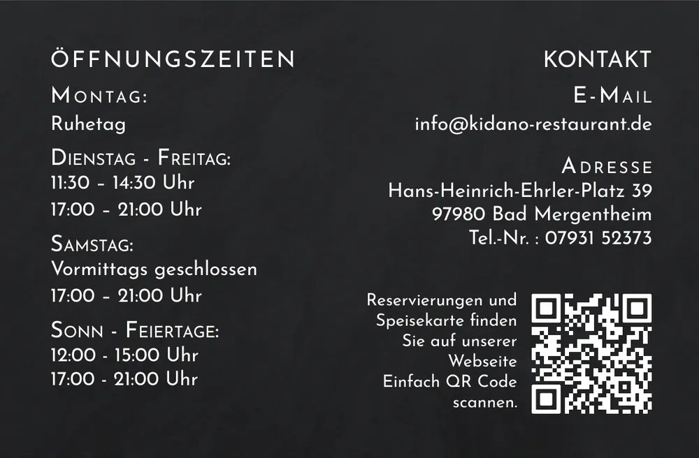 Dark back of the business card with opening hours and QR code