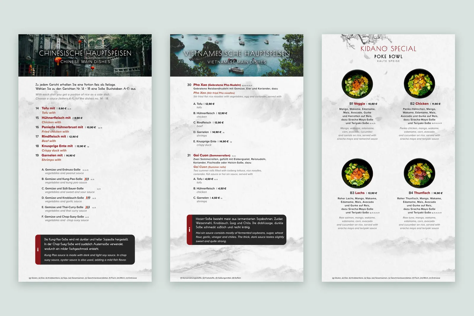 Three pages of the KIDANO menu side by side