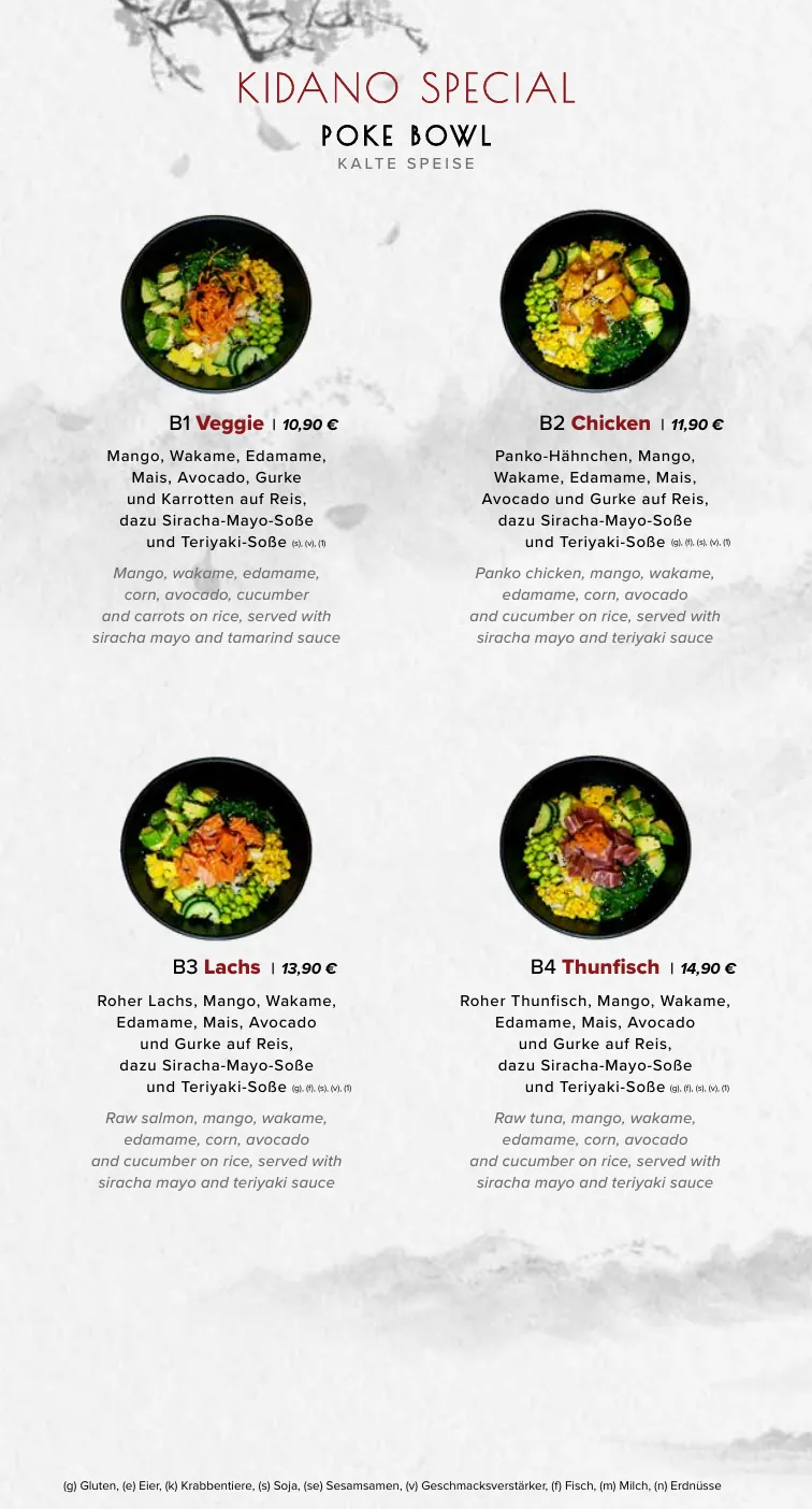 Menu page with poke bowls